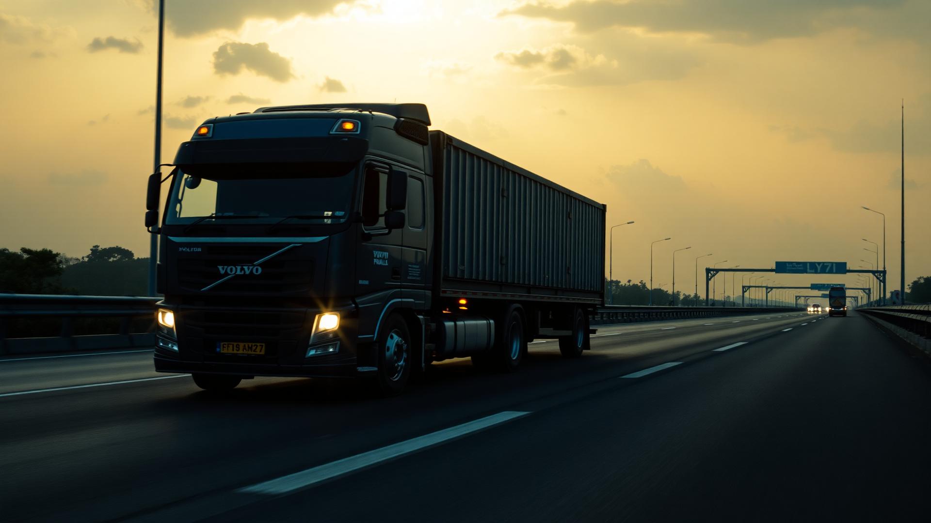 Heavy-duty cargo truck on the Mumbai-Pune Expressway at dawn
